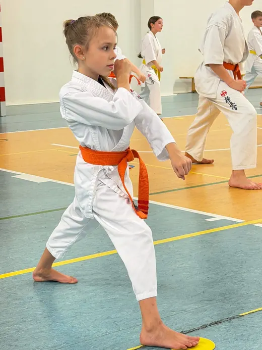 Dziewczynka z pomarańczowym pasem w pozycji karate